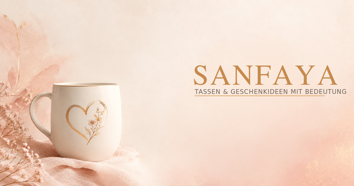 SANFAYA – Tassen und Geschenkideen mit Bedeutung. Eine helle Tasse mit goldenem Herz.