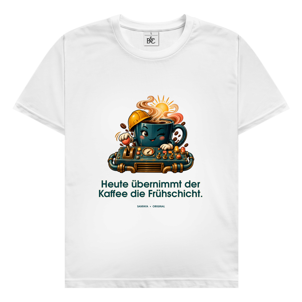 Vandaag koffie neemt de vroege shift – T-shirt voor heren | SANFAYA