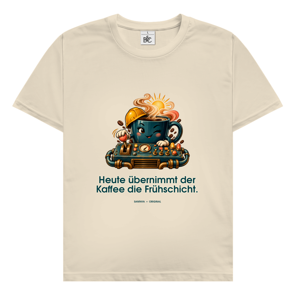 Vandaag koffie neemt de vroege shift – T-shirt voor heren | SANFAYA - Afbeelding 3