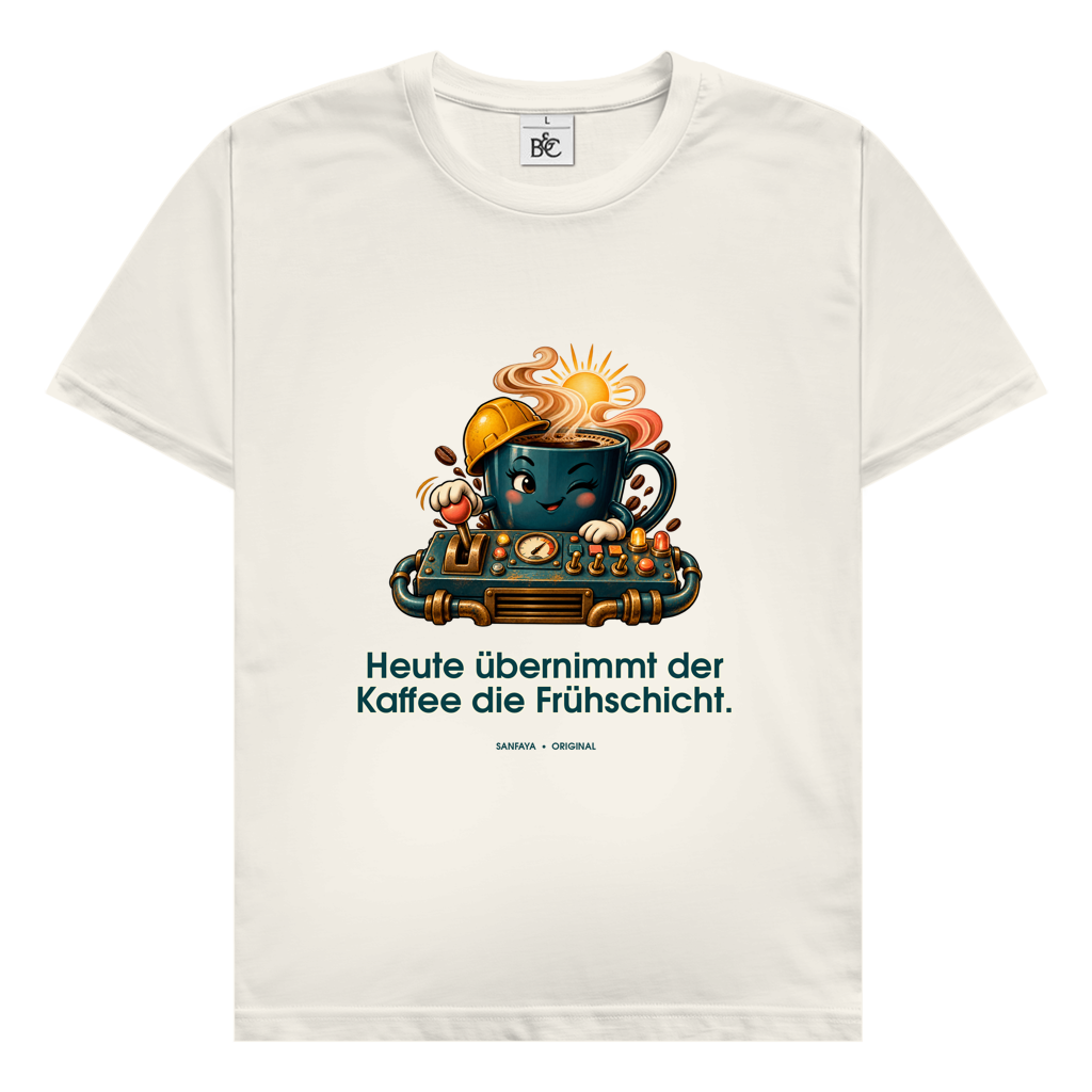 Vandaag koffie neemt de vroege shift – T-shirt voor heren | SANFAYA - Afbeelding 2