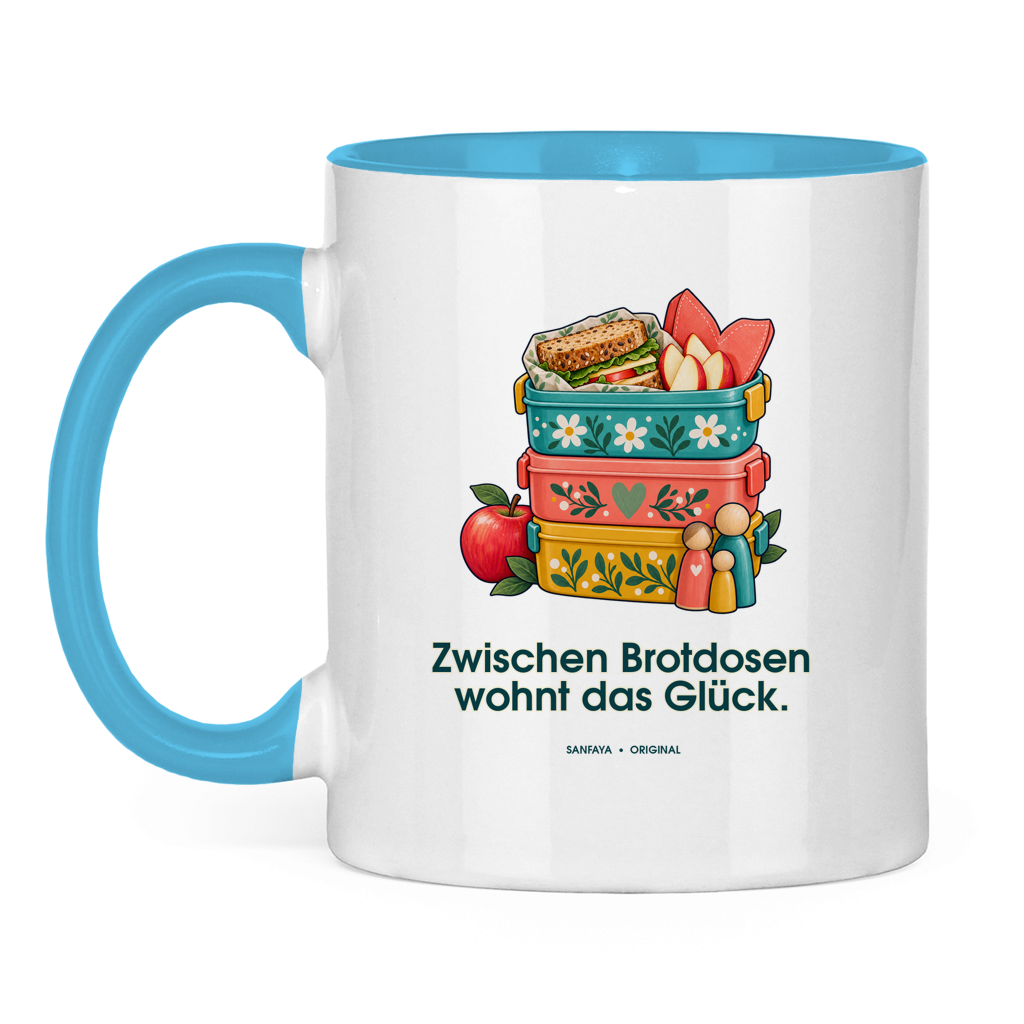 La felicidad vive entre las cajas de almuerzo – Taza bicolor