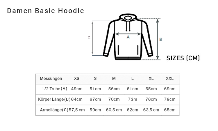 Original-Maßtabelle für Damen Hoodie