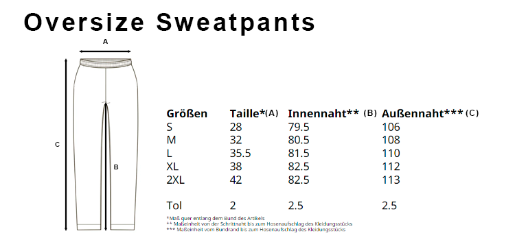 Original size chart for Teen oversized joggers