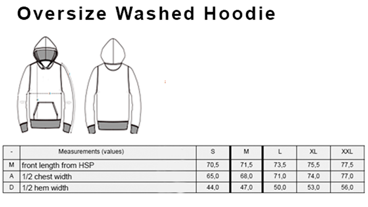 Original size chart for Teen washed oversized hoodie